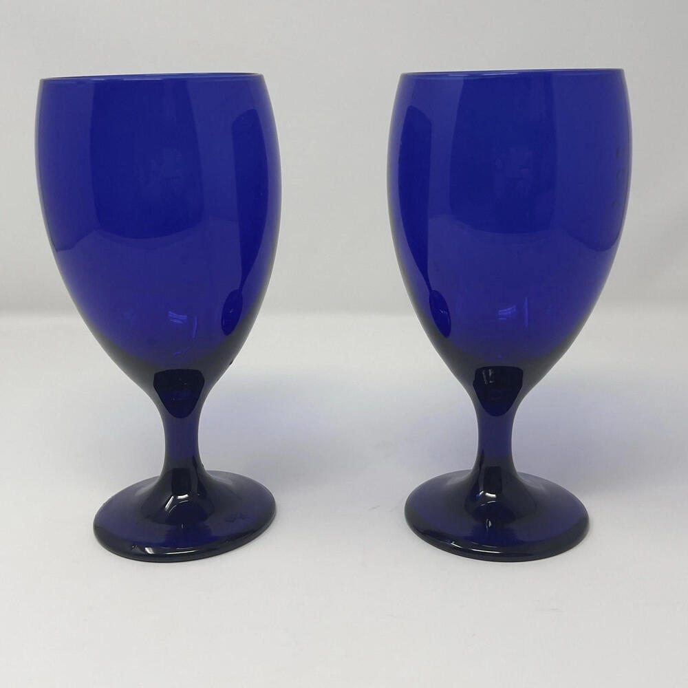 2 Libbey Cobalt Blue Glasses Goblets - 7" Tall